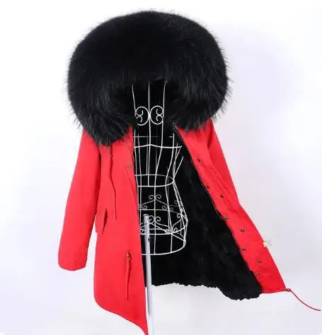 Maomaokong Winter Women's Fur Jacket Long Outdoor Tops Real Fox Fur Collar Inner Fur Lining Parka Natural Silver Fox Women Coat