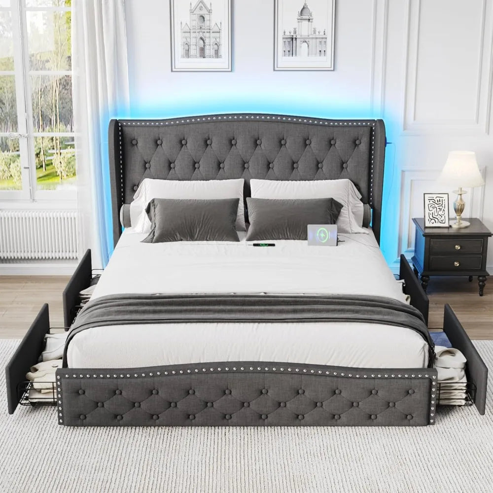 Vabches Queen Size LED Bed Frame with Storage Drawers and Charging Station, Upholstered Platform Bed Frame with Wingback Headboa