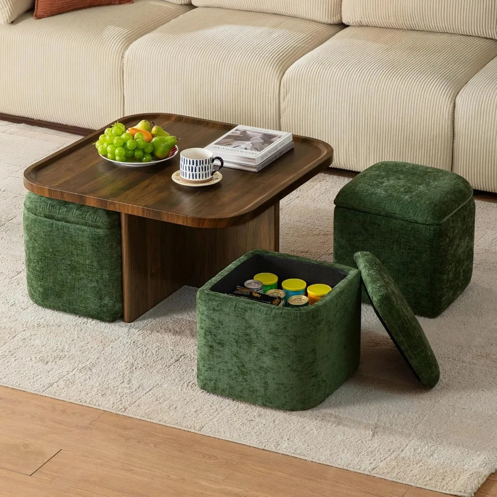 Mid-Century Modern Small Square Coffee Table with Storage + 4 Chenille Ottomans (Living Room/Small Space)