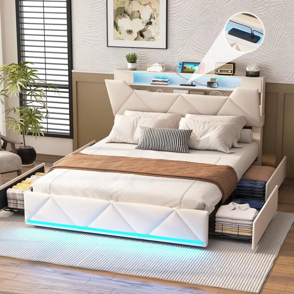 Vabches Bed Frame Queen with Storage Headboard&4 Drawers Upholstered Platform Bed Frame with Charging Station&LED Lights Bedroom