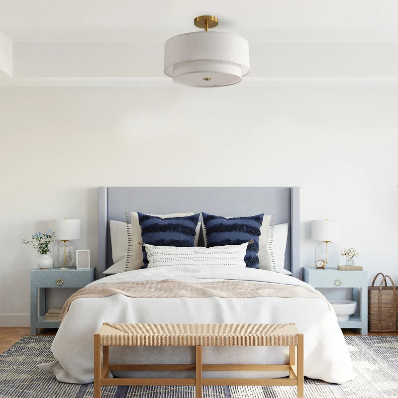 15 Inch Modern Ceiling Light Fabric Upholstered Flush Mount Fixture Energy-Saving Easy Install For Living Bedroom Dining Room