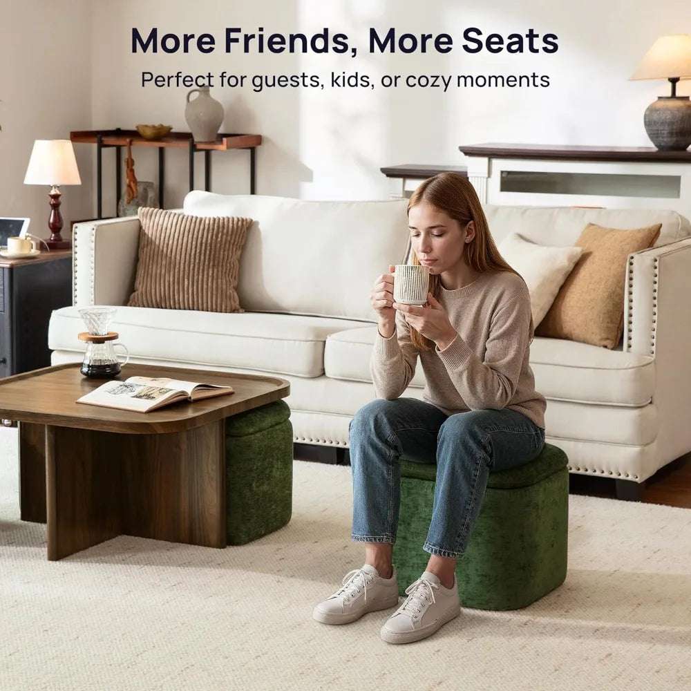 Mid-Century Modern Small Square Coffee Table with Storage + 4 Chenille Ottomans (Living Room/Small Space)