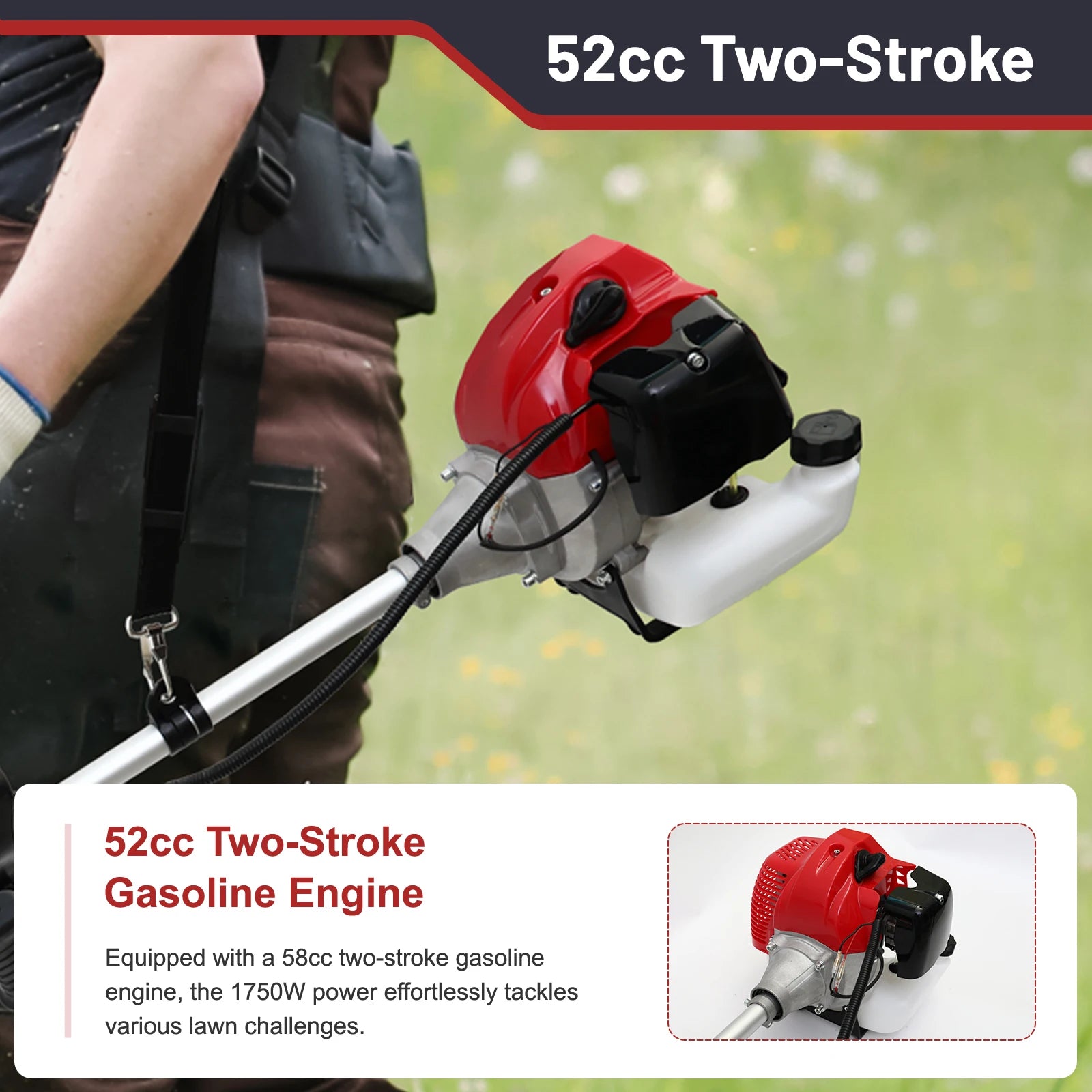 52cc Weed Wacker 2-Stroke Gas Grass Trimmer 4-in-1 Cordless Brush Cutter Gas Lawn Mower Straight Shaft Weed Eater with 4 Heads