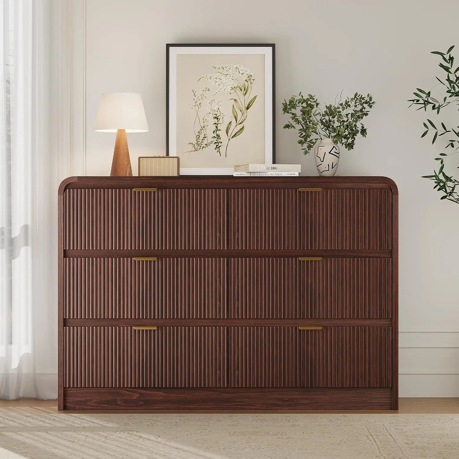 Fluted 8 Drawers Dresser for Bedroom, 55" Wide Wooden Dresser with Metal Handle, Curved Profile Design, Modern Storage