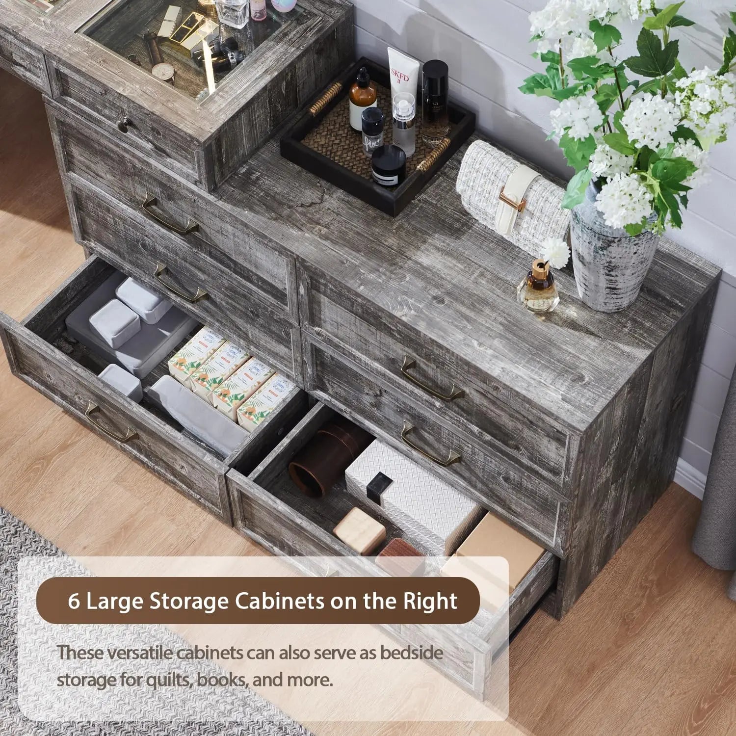 69" W rustic wood bedroom dresser with glass top, 9 large storage drawers, 3 color usable lights and 30 "HD Led mirror