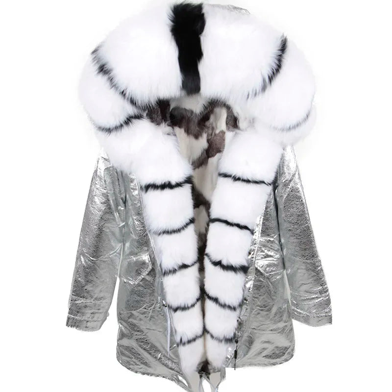 Maomaokong Winter Women's Fur Jacket Long Outdoor Tops Real Fox Fur Collar Inner Fur Lining Parka Natural Silver Fox Women Coat