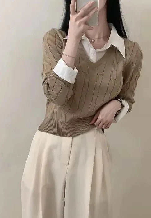 Korean Chic Spring and Autumn Age-Reducing Sweaters Retro Temperament Preppy Fake Two Pieces Shirts Twist Knit Women's Y2k Tops