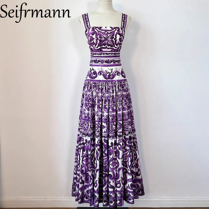 Seifrmann Women's Elegant Party Suit Sexy Spaghetti Strap Backless Slim Tops+Casual Pleated Skirt Print Cotton Two-piece set