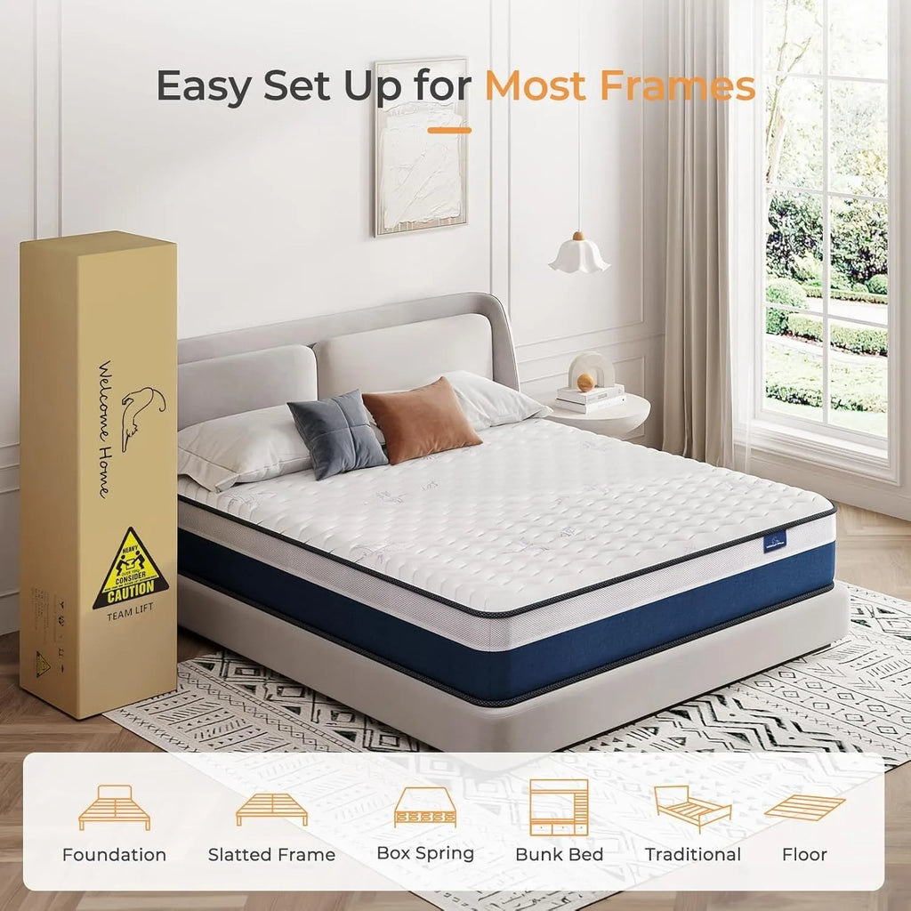 Vesgantti Tight Top 10/12 Inch Innerspring Hybrid Mattress/Bed in a Box, Medium Firm Plush Feel - Memory Foam and Pocket Spring