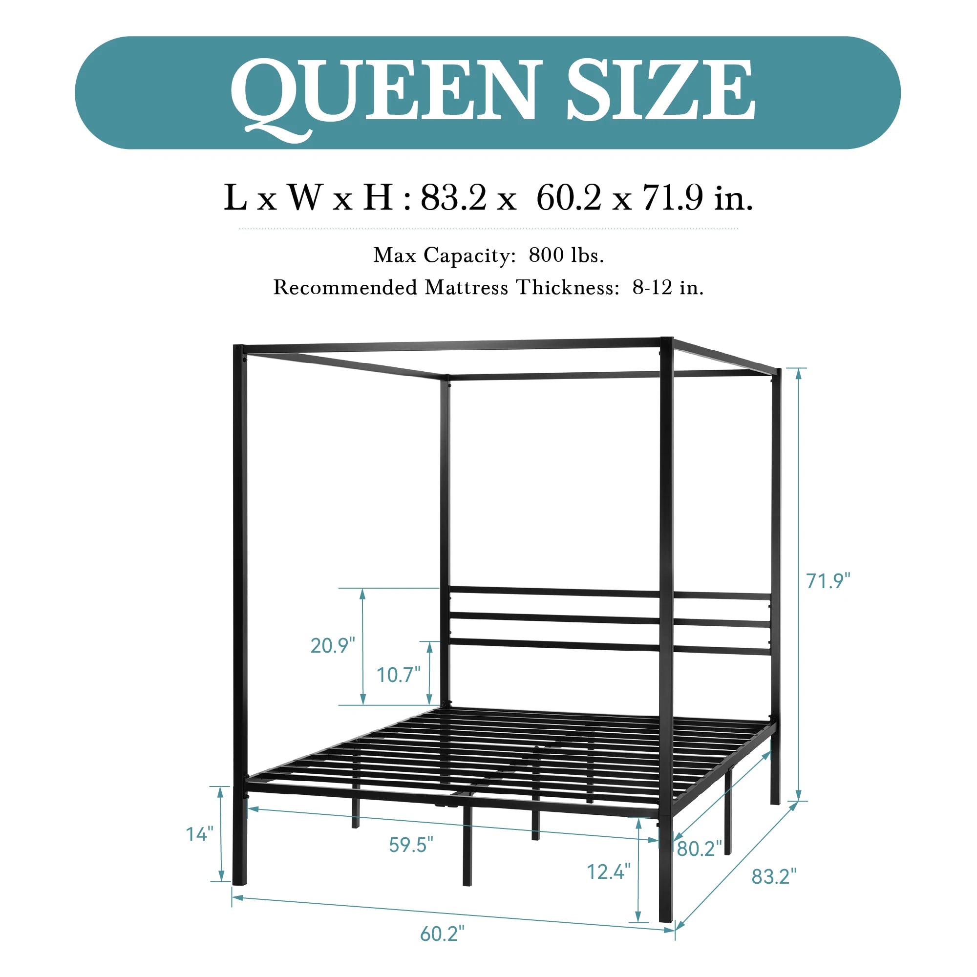 HOOMIC Canopy Bed Frame, Enhanced 4-Poster, 3-Metal Crossbar, No Box Spring Needed, Easy Assembly Allewie