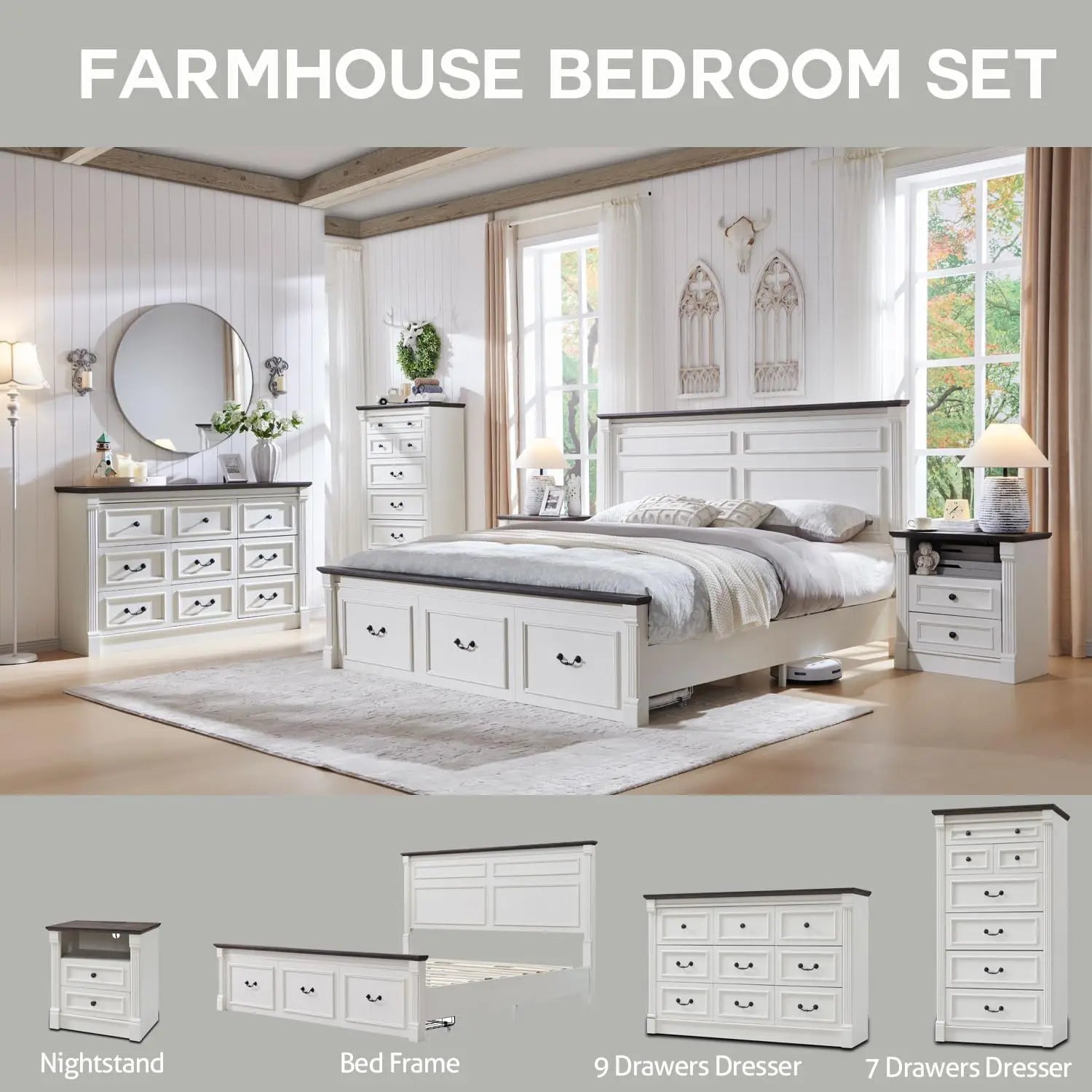 Farmhouse 7 drawer dresser, 57" large Roman column chest of drawers, bedroom, hallway, living room storage dresser.