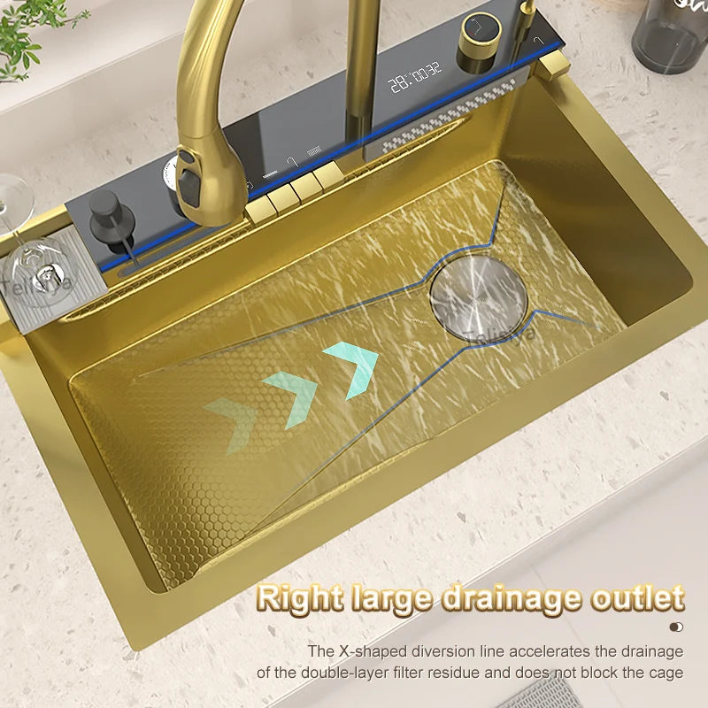 Golden Waterfall Kitchen Sink Stainless Steel Sink Embossed Digital Display Single Slot Apartment Gold Wash Basin