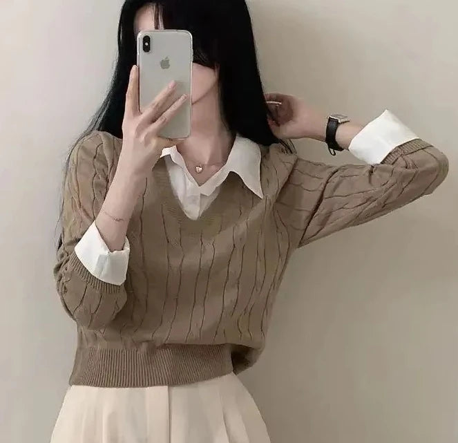 Korean Chic Spring and Autumn Age-Reducing Sweaters Retro Temperament Preppy Fake Two Pieces Shirts Twist Knit Women's Y2k Tops