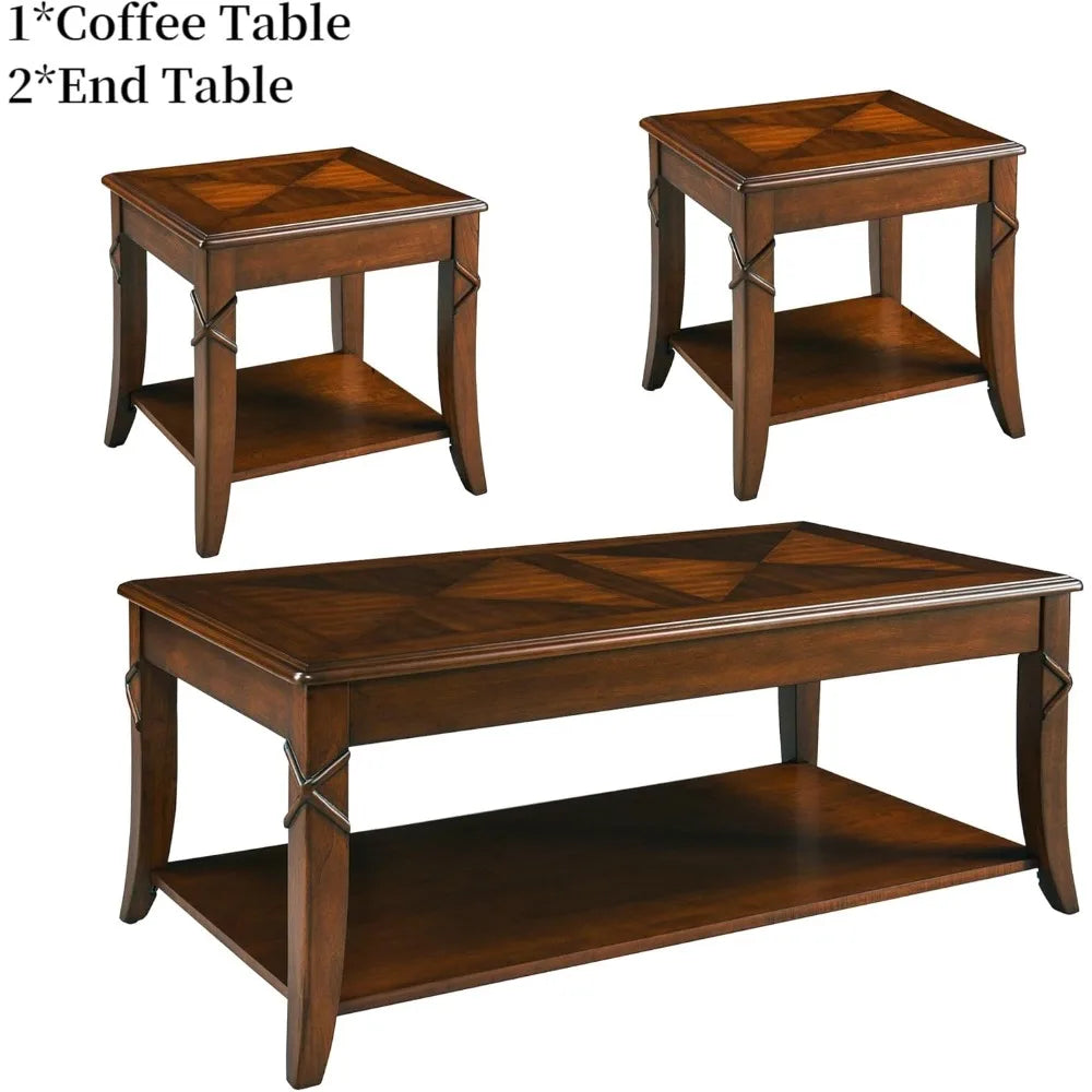 "3-PC Mid-Century Coffee Table Set - Solid Wood with Storage Shelf, Cherry Walnut for Living Room"