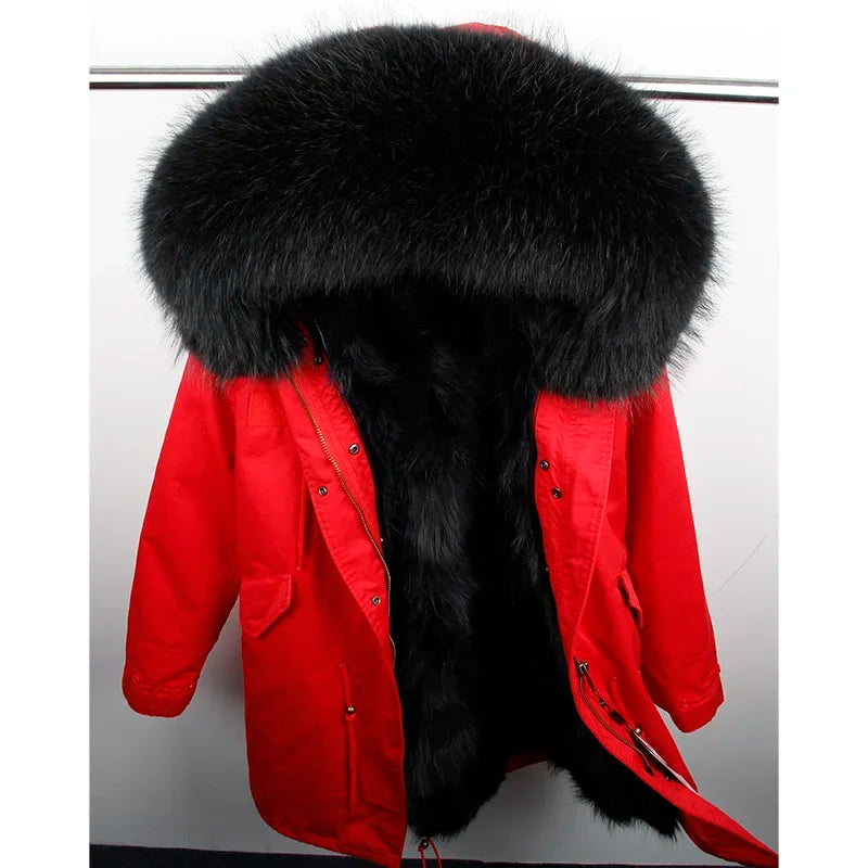Maomaokong Winter Women's Fur Jacket Long Outdoor Tops Real Fox Fur Collar Inner Fur Lining Parka Natural Silver Fox Women Coat