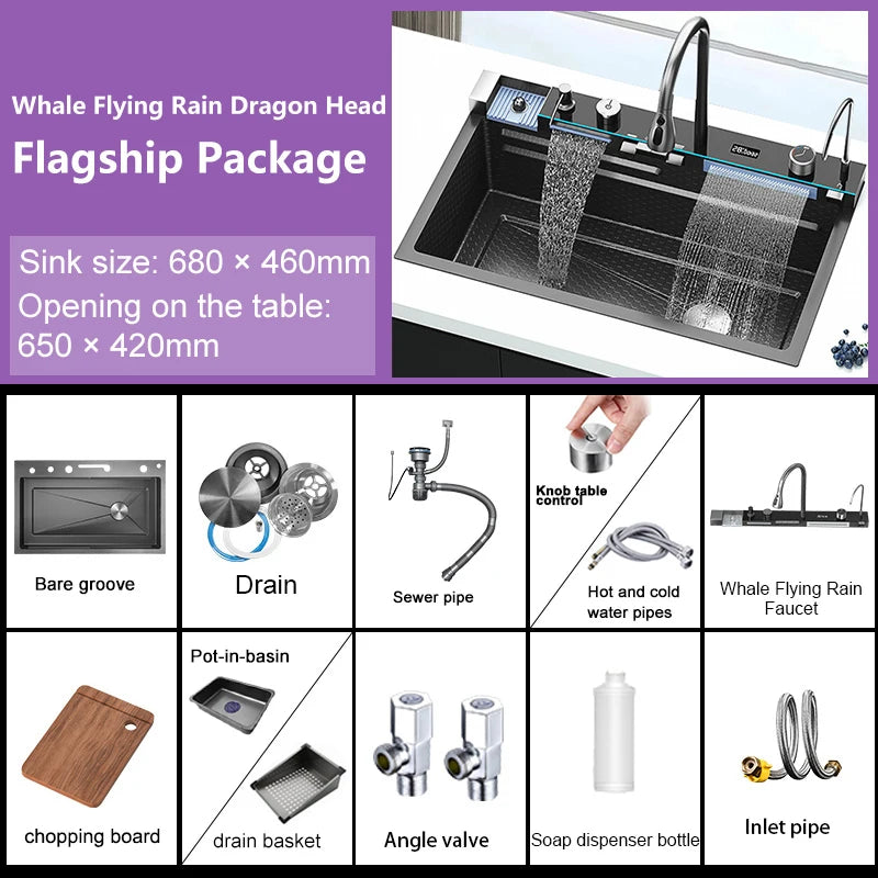 Golden Waterfall Kitchen Sink Stainless Steel Sink Embossed Digital Display Single Slot Apartment Gold Wash Basin