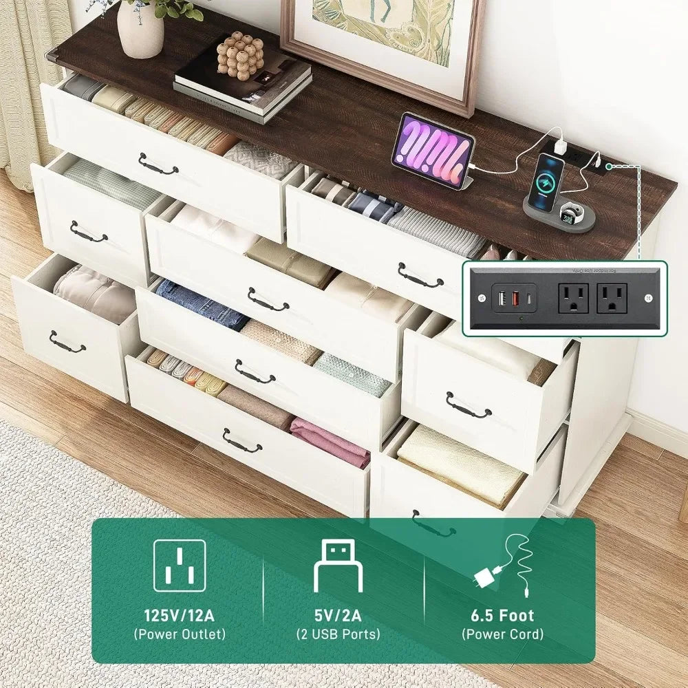 Farmhouse 9 Drawer Dresser for Bedroom,63” Wood Dresser & Chest of Drawers with Power Outlets,Large & Wide Dressers for Bedroom,