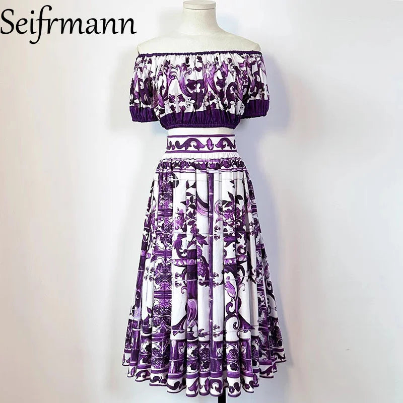 Seifrmann Women's Elegant Party Suit Sexy Spaghetti Strap Backless Slim Tops+Casual Pleated Skirt Print Cotton Two-piece set