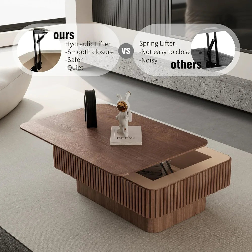 38.6" Square Lift Top Coffee Table, Modern Fluted Tea Table with Hidden Storage for Living Room, Apartment or Office