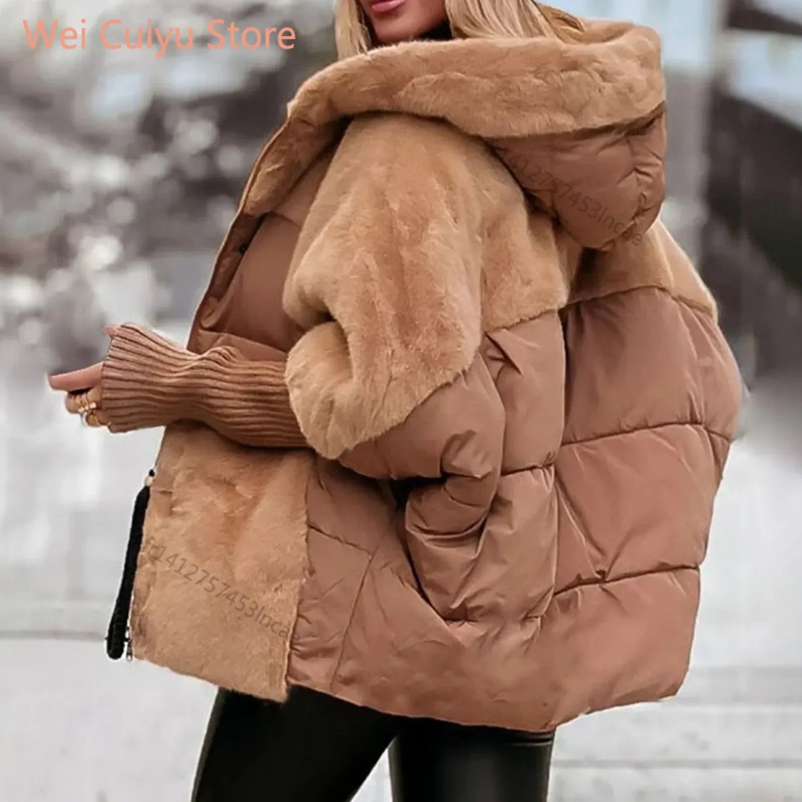Women's Loose Cotton Coat Faux Fur Patchwork Winter Coat Comfort Chic Long Sleeve Hooded Jacket