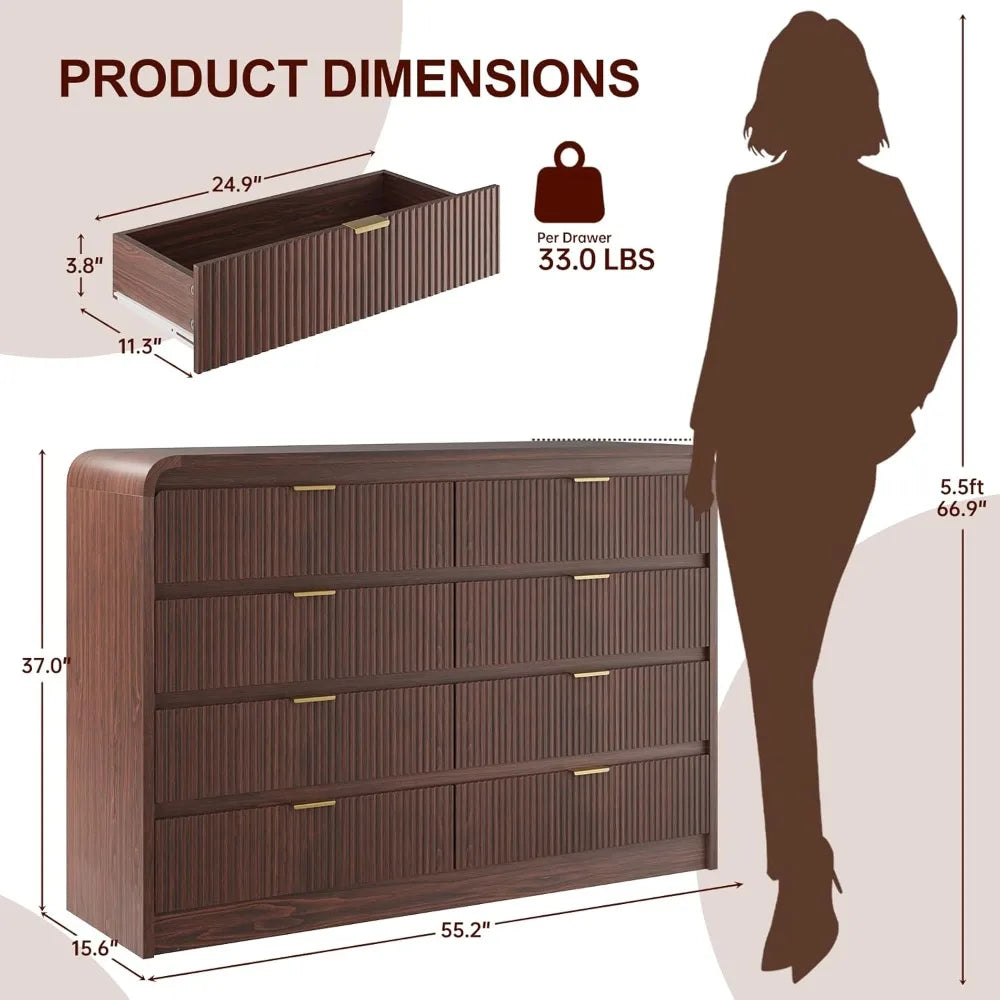 Fluted 8 Drawers Dresser for Bedroom, 55" Wide Wooden Dresser with Metal Handle, Curved Profile Design, Modern Storage
