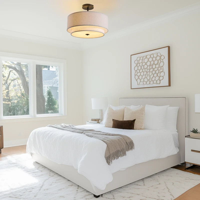 16 Inch Modern Ceiling Light Fabric Upholstered Flush-Mount Fixture Energy-Saving Easy Install For Living Bedroom Dining Room