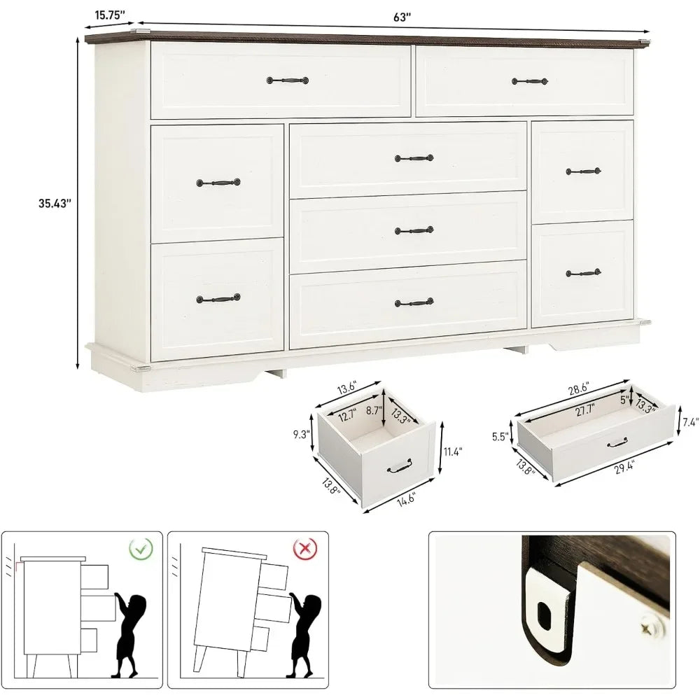 Farmhouse 9 Drawer Dresser for Bedroom,63” Wood Dresser & Chest of Drawers with Power Outlets,Large & Wide Dressers for Bedroom,