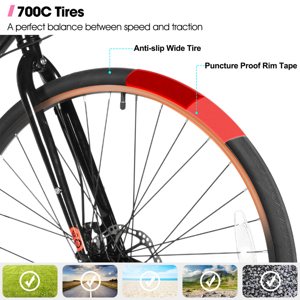 HILAND Cityrad 700C Herren Damen Student Aluminiumlegierung Pendler Stadtfahrrad, 7-Gang, mit Schutzblechen, Gepäckträger