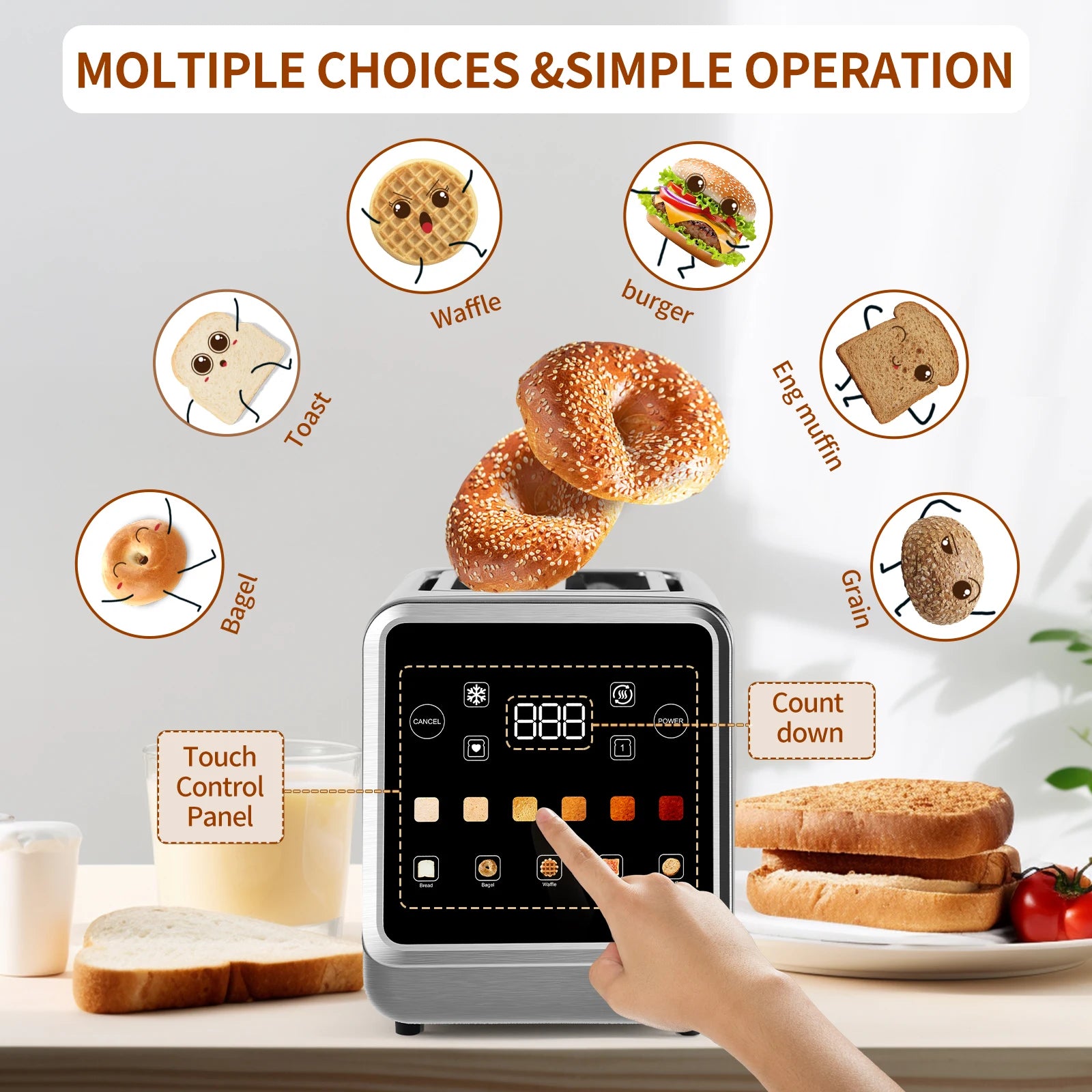 Smart Toaster with LCD Display, Beinilai 2 Slice Stainless Steel Digital Timer Bread Toasters 6 Bread Types& 6 Shade Settings