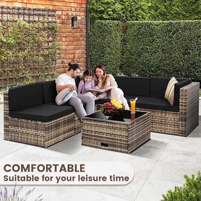 8 Pieces Outdoor Wicker Rattan Patio Furniture Sectional Set, Glass Top Table with Hidden Storage, 7 Sofa Sections, Oversized Cu