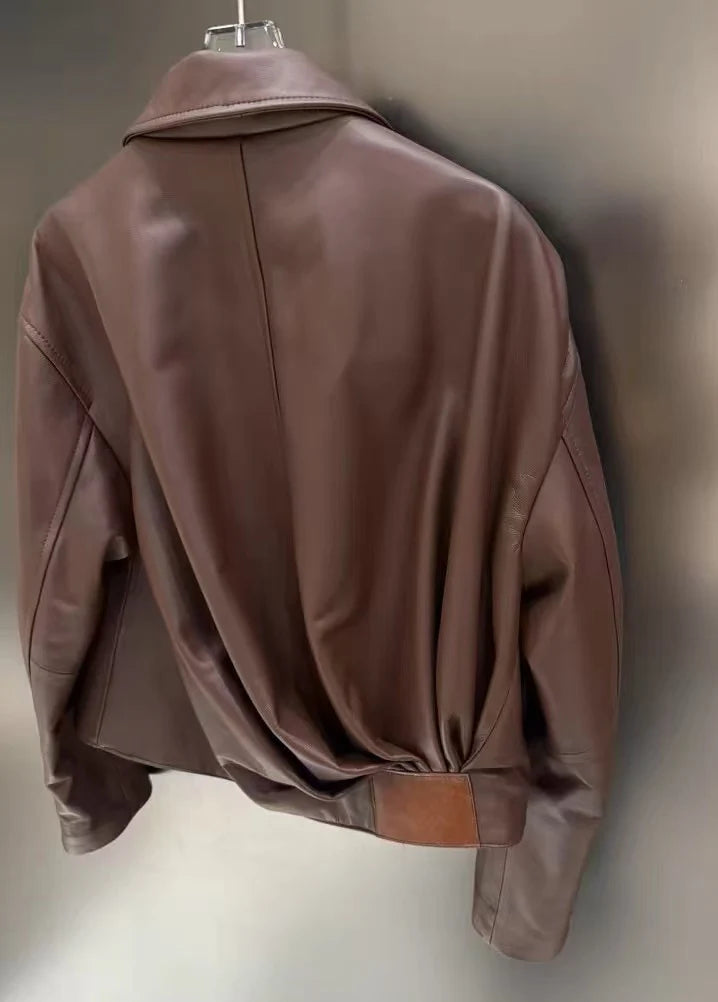 Natural Leather jacket For Women Lambskin Bomber Biker Jacket Long Sleeves 100% Sheepskin Leather Coat  Folded Short Tops Woman