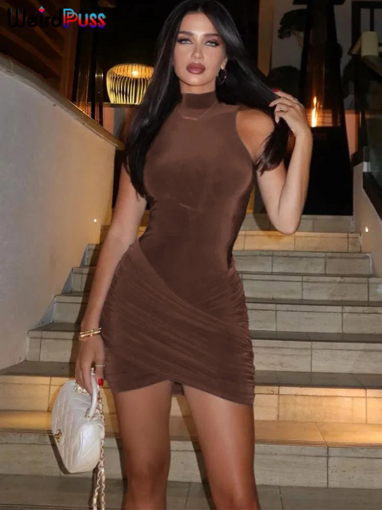 nibber Cross Ruffles Mini Dress Woman Summer Sexy Solid Half High Collar Sleeveless Trend Chic Party Clubwear Skinny Bodycon