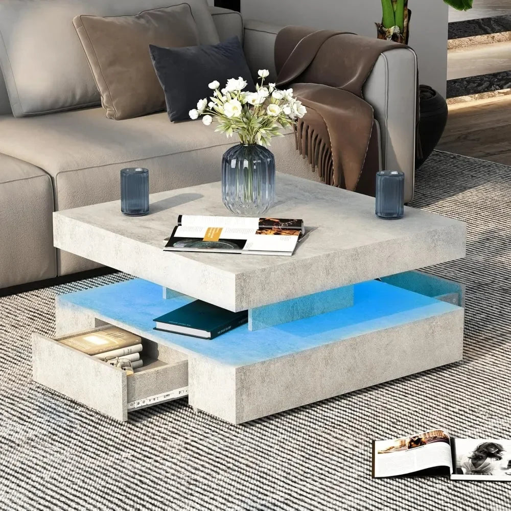 LED Coffee Table with 2 Storage Drawers for Living Room Square Center Middle Table Modern Cocktail Table with Light