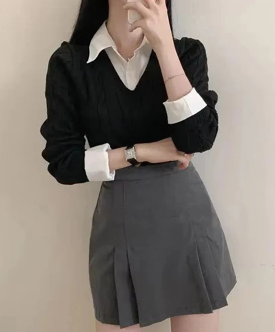 Korean Chic Spring and Autumn Age-Reducing Sweaters Retro Temperament Preppy Fake Two Pieces Shirts Twist Knit Women's Y2k Tops