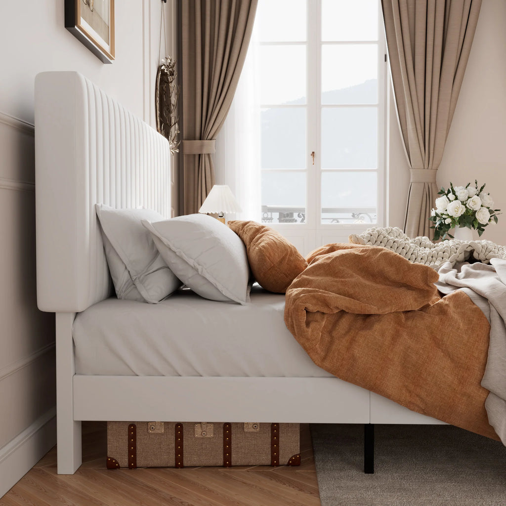 HOOMIC Upholstered Platform Bed Frame with Vertical Channel Tufted Velvet Fabric Adjustable Headboard Allewie
