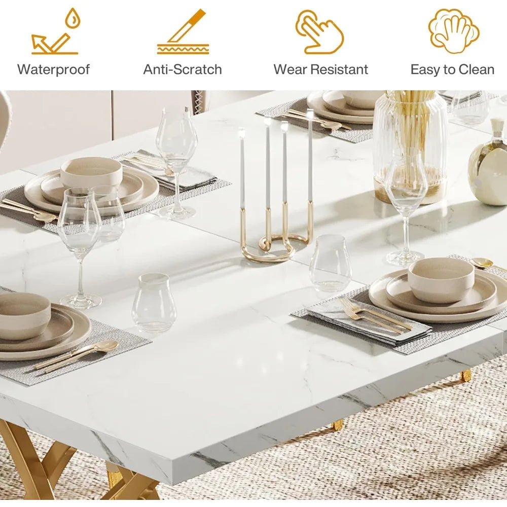 Modern Dining Table for 4-6 People, 63" Large Rectangular Kitchen Table with Faux Marble Tabletop and Gold Geometric Legs