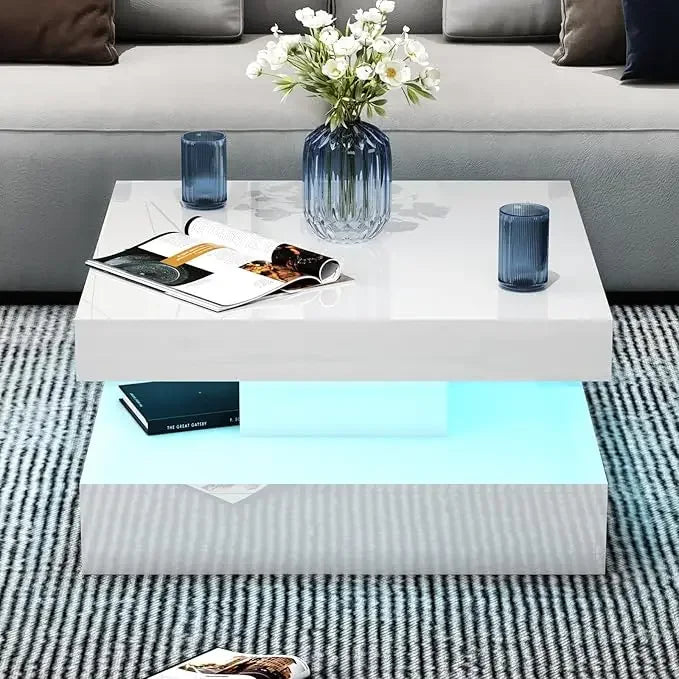 LED Coffee Table with 2 Storage Drawers for Living Room Square Center Middle Table Modern Cocktail Table with Light