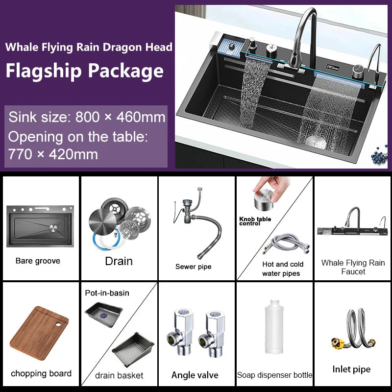 Golden Waterfall Kitchen Sink Stainless Steel Sink Embossed Digital Display Single Slot Apartment Gold Wash Basin