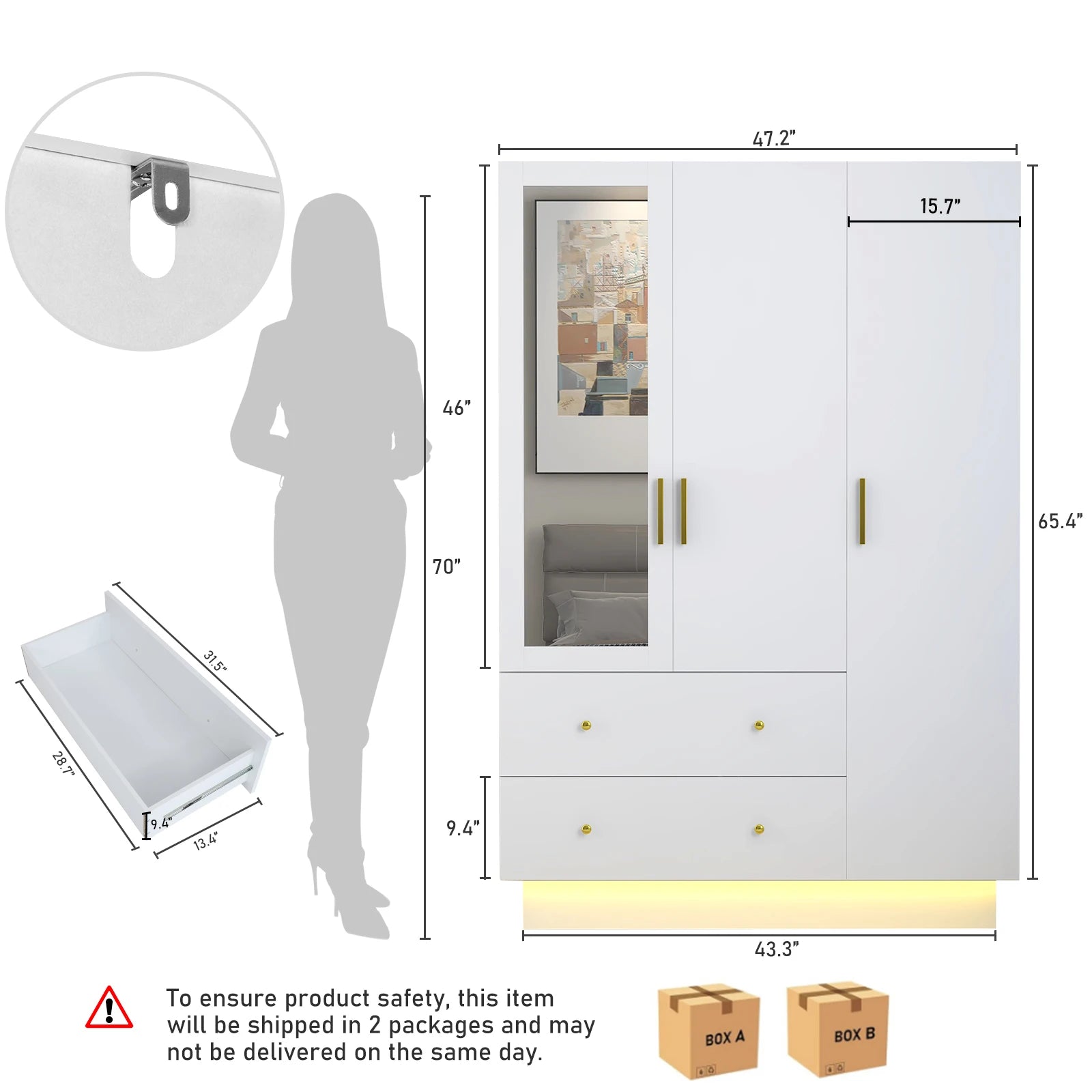 Modern Wooden Armoire Wardrobe Closet with Hanging Rod for Bedroom, 3 Door Wardrobe Closet with Mirror & LED Lights,White