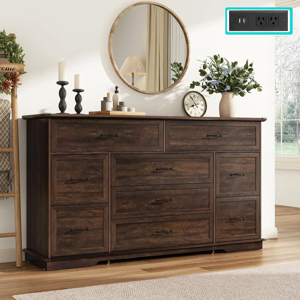 Farmhouse 9 Drawer Dresser for Bedroom,63” Wood Dresser & Chest of Drawers with Power Outlets,Large & Wide Dressers for Bedroom,