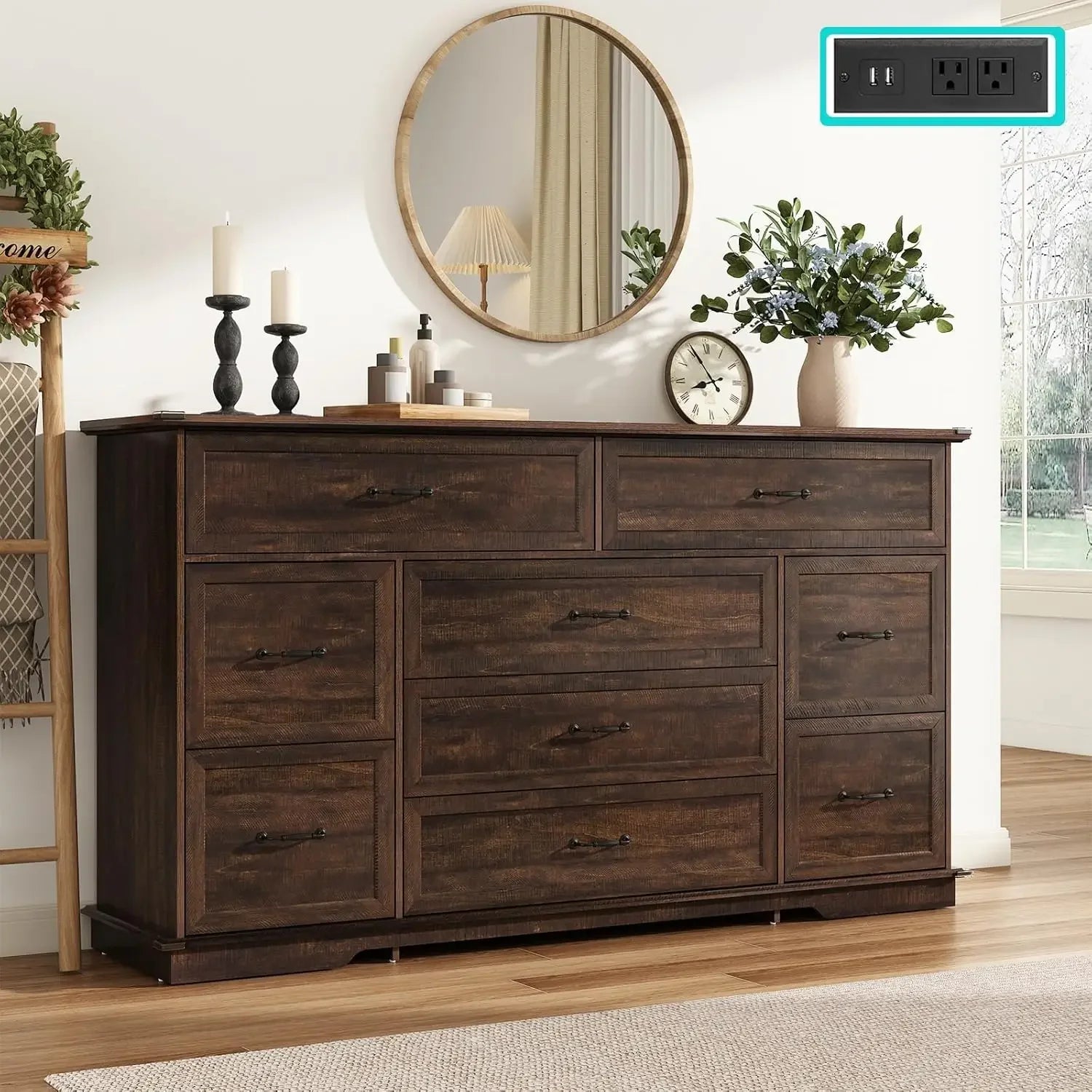 Farmhouse 9 Drawer Dresser for Bedroom,63” Wood Dresser & Chest of Drawers with Power Outlets,Large & Wide Dressers for Bedroom,