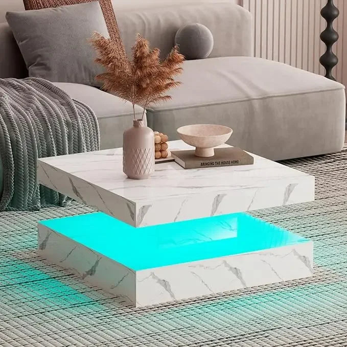 LED Coffee Table with 2 Storage Drawers for Living Room Square Center Middle Table Modern Cocktail Table with Light