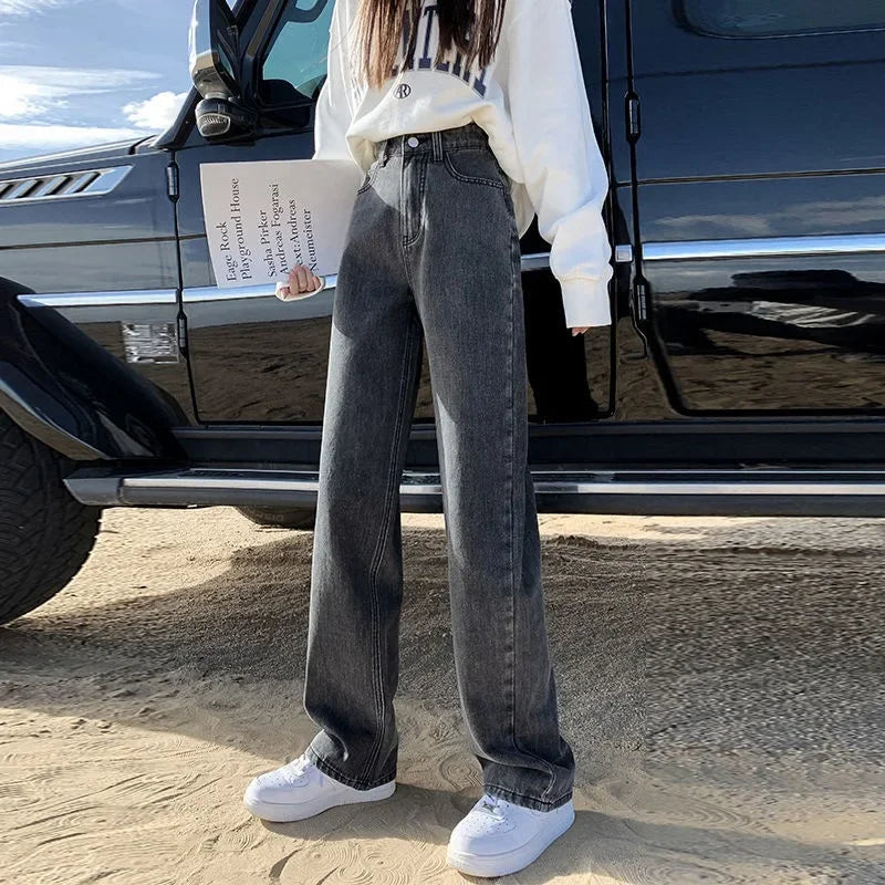 Korean Style High-waisted Slimming Wide-leg Jeans For Women 2021 Autumn New Versatile Loose-fit Straight-leg Floor Pants
