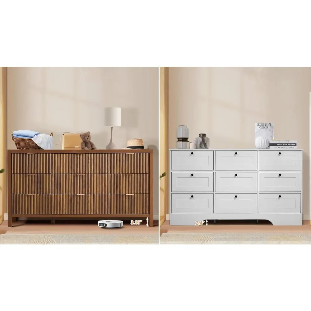 Mid Century Modern Dresser TV Stand, 9 Drawer Dresser for Bedroom Wood, Farmhouse Boho Storage Cabinet Side Table with Solid Nat