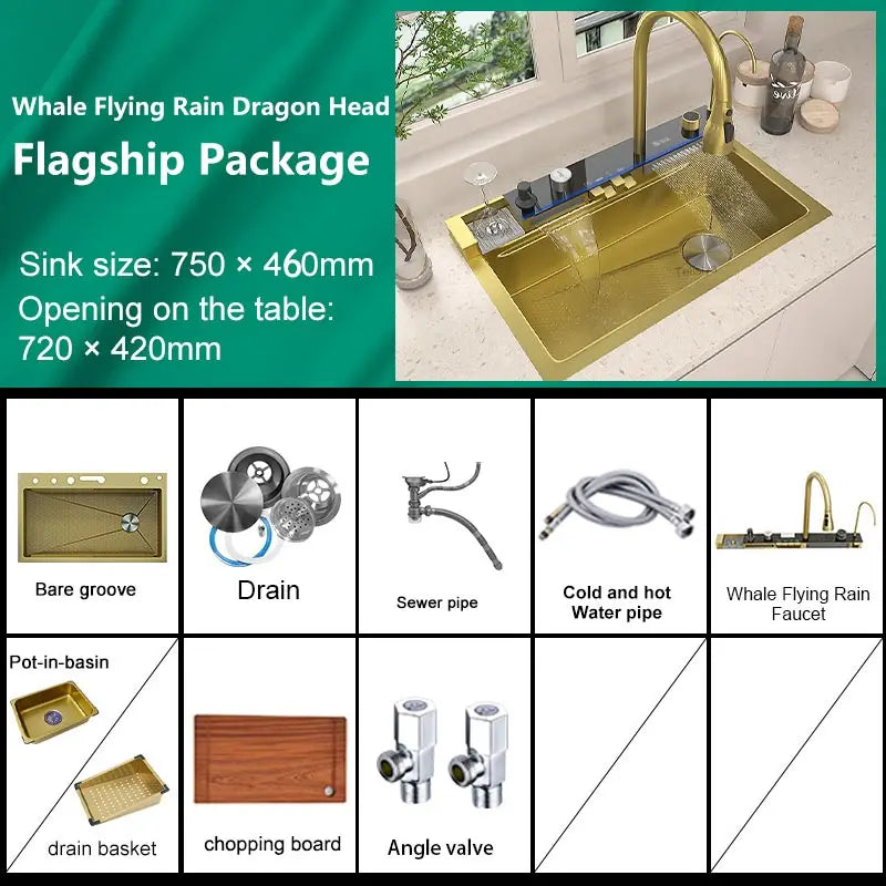 Golden Waterfall Kitchen Sink Stainless Steel Sink Embossed Digital Display Single Slot Apartment Gold Wash Basin