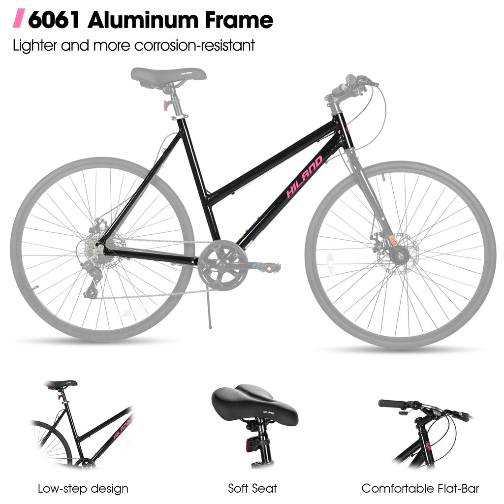 HILAND Cityrad 700C Herren Damen Student Aluminiumlegierung Pendler Stadtfahrrad, 7-Gang, mit Schutzblechen, Gepäckträger