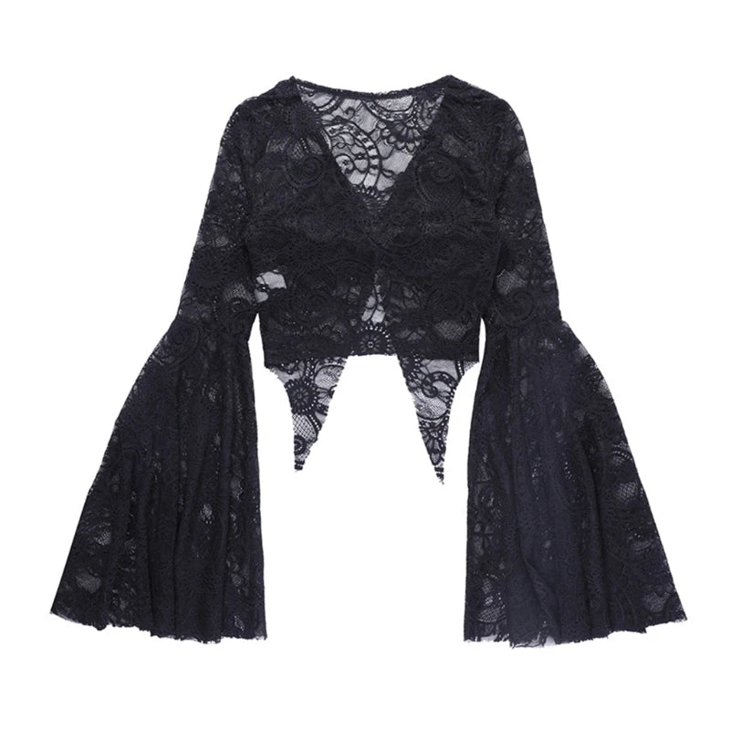 Black Mesh T-shirt Long Sleeved Gothic Black Lace Punk Tops Flared Sleeves Streetwear Y2K Vintage Women Outwear