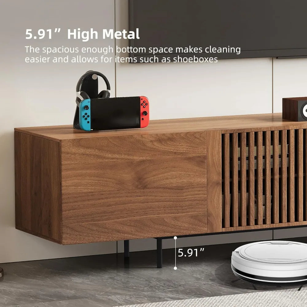 "Modern Walnut TV Console - Extendable for 75"+ Screens, Grille Doors & Drawers for Living Room/Bedroom"