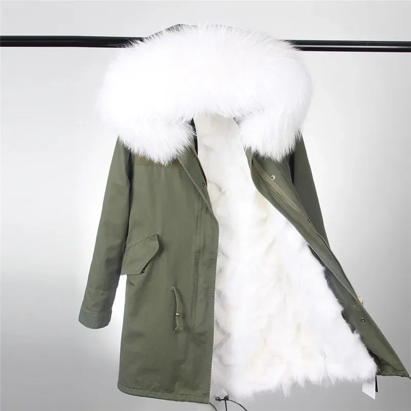 Maomaokong Winter Women's Fur Jacket Long Outdoor Tops Real Fox Fur Collar Inner Fur Lining Parka Natural Silver Fox Women Coat