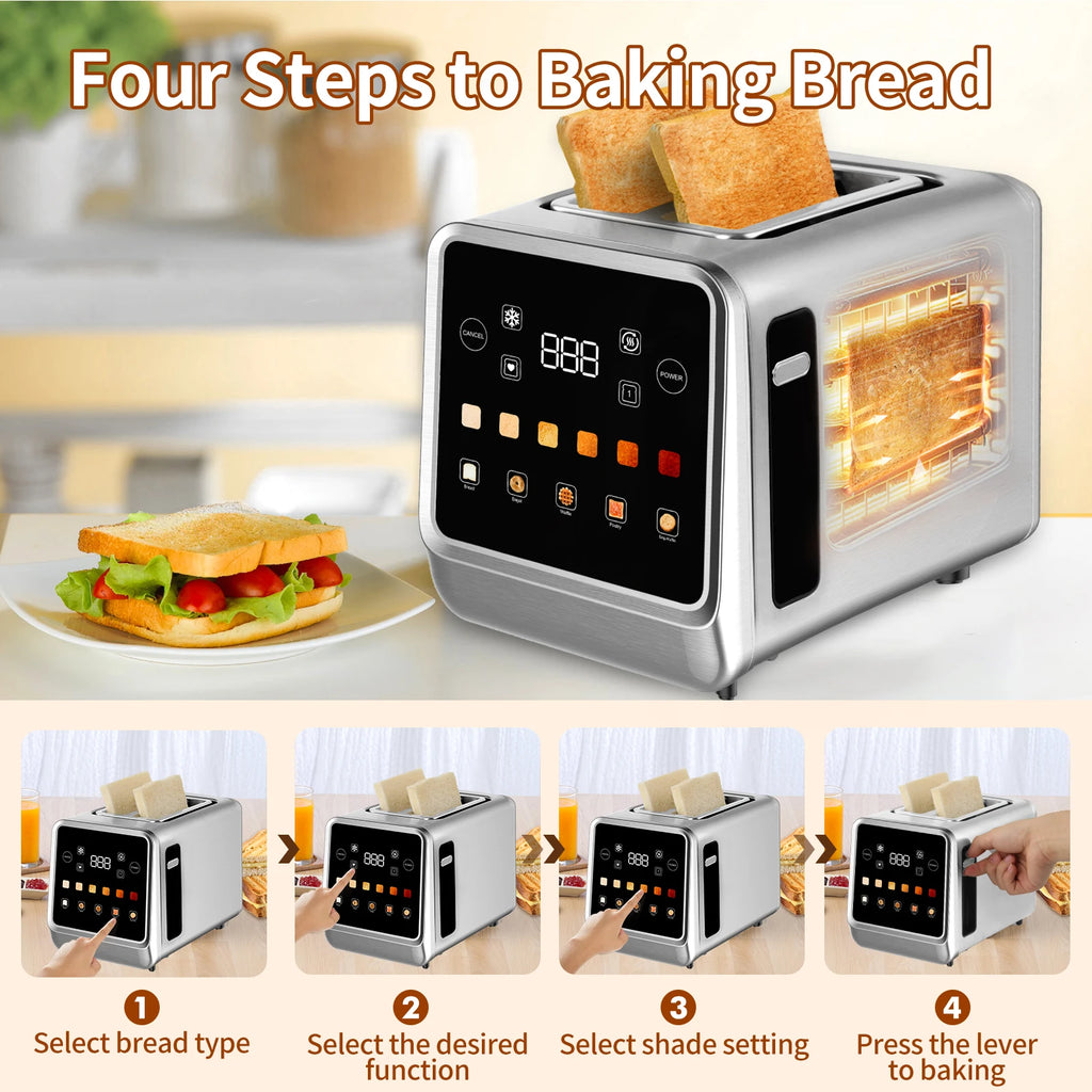 Smart Toaster with LCD Display, Beinilai 2 Slice Stainless Steel Digital Timer Bread Toasters 6 Bread Types& 6 Shade Settings